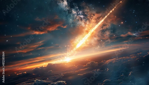 Visualize a comet streaking across a starfilled sky, its tail glowing brightly as it approaches Earth