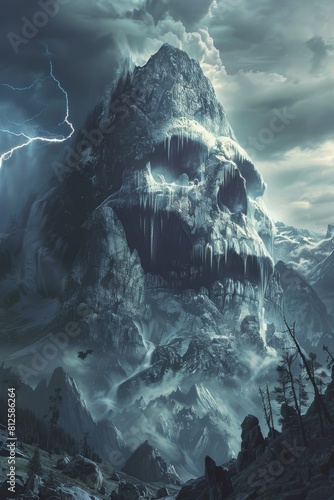 Mystical Mountain Shaped Like a Skull with Lightning 