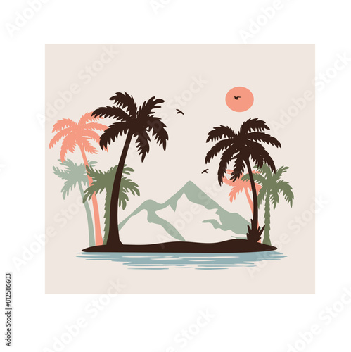 silhouette of mountains and palm trees landscape vector ocean. palm trees with mountains and water vector silhouette pink sun