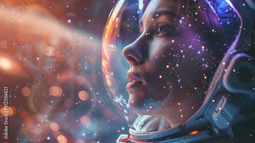 Young astronaut woman portrait looking mesmerized by the galaxy