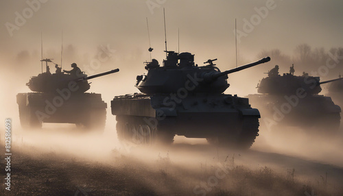 silhouette of american tank and soldiers advancing in foggy sunrise 