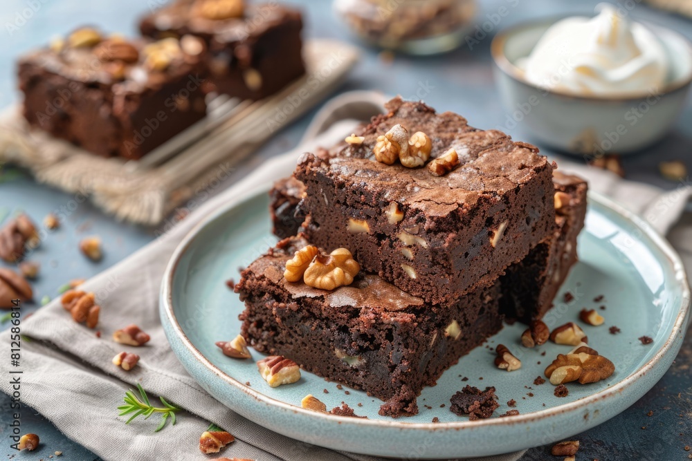 Delicious Zucchini Brownies with Walnuts and Chocolate - Decadent Sweet Dessert on a Plate