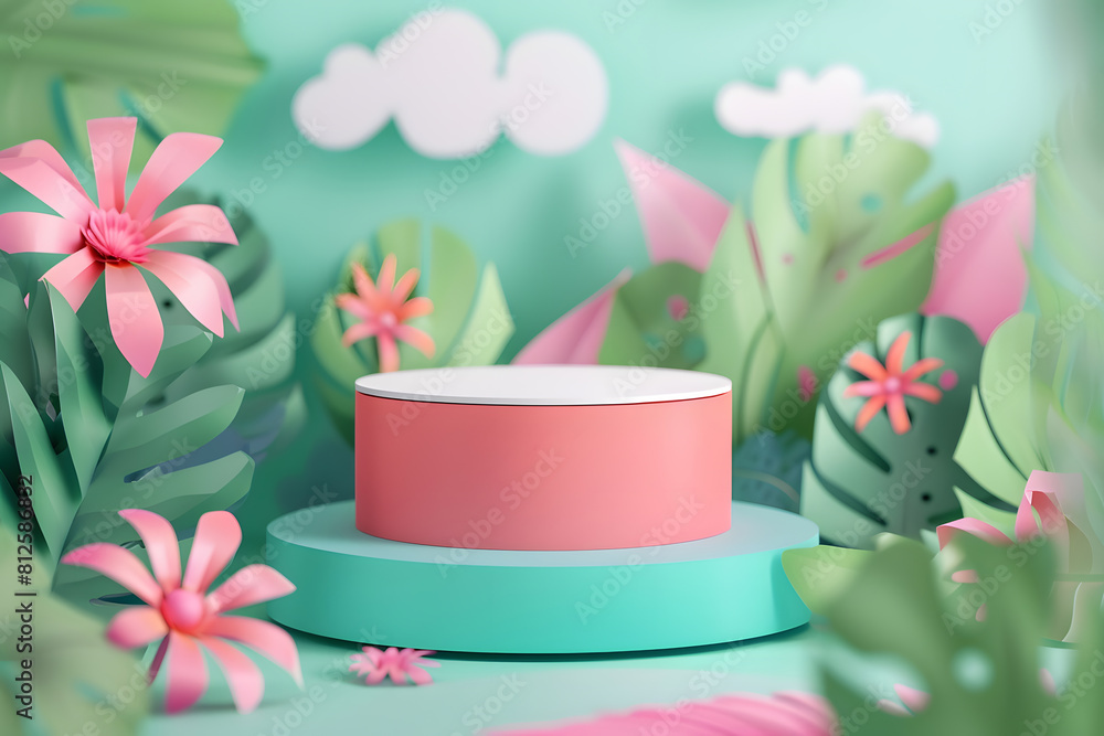 Product banner, podium platform with geometric shapes and nature background, paper illustration, and 3d paper 3D renderin. Generative Ai. Product banner, podium platform with geometric shapes and nature background, paper illustration, and 3d paper 3D renderin. Generative Ai.