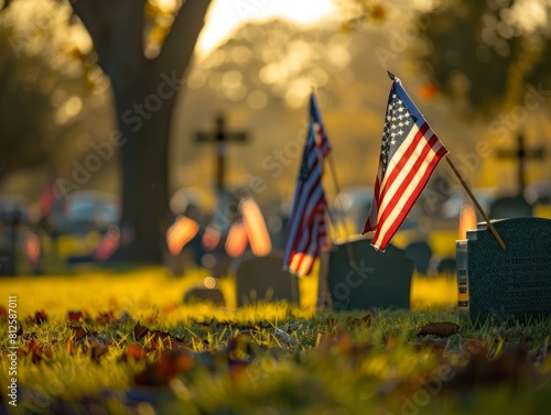 Small American flags on tombstones in a cemetery, 4th of july holiday,Independence Day,Memorial Day