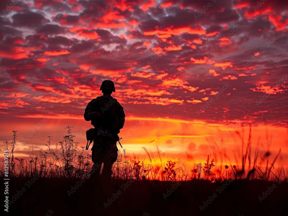 Fototapeta premium Soldier stands alone in a field of grass as the sky turns red at sunset, 4th of july holiday,Independence Day,Memorial Day
