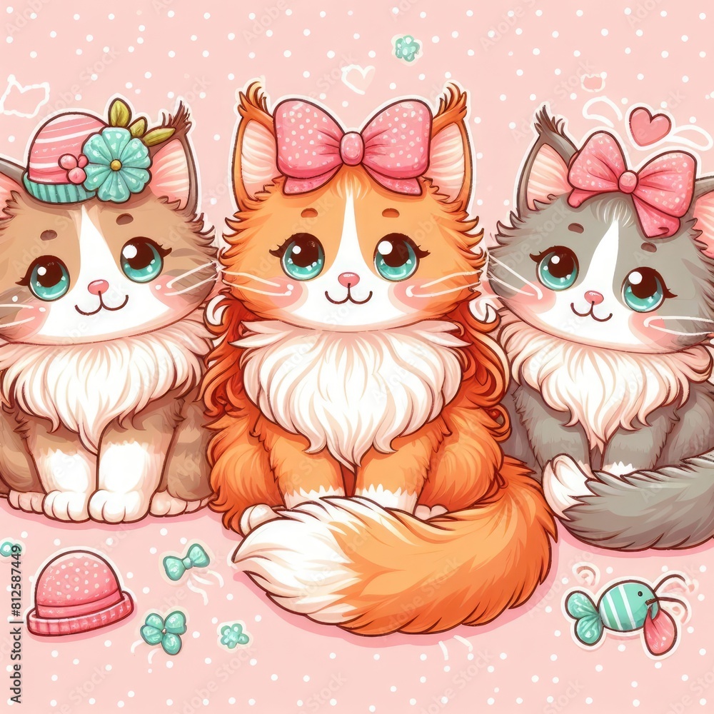Fototapeta premium Many cats with bows and bows art realistic harmony used for printing card design illustrator.