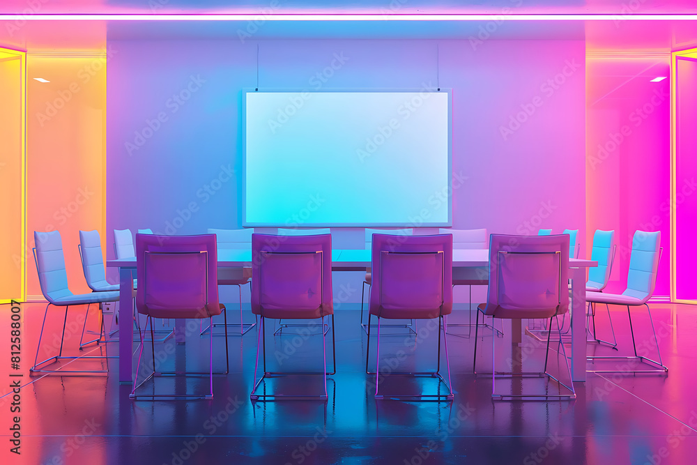 A vibrant meeting room with a whiteboard in the background, illuminated with vibrant neon colors A vibrant meeting room with a whiteboard in the background, illuminated with vibrant neon colors