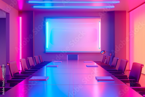 A vibrant meeting room with a whiteboard in the background  illuminated with vibrant neon colors