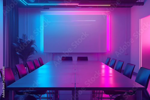 A vibrant meeting room with a whiteboard in the background, illuminated with vibrant neon colors