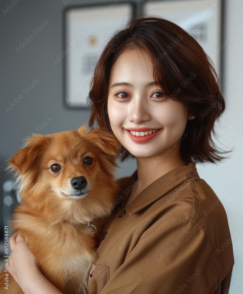 ワンコを抱っこしている美人トリマー。A beautiful groomer holding a dog.Generative AI ワンコを抱っこしている美人トリマー。A beautiful groomer holding a dog.Generative AI
