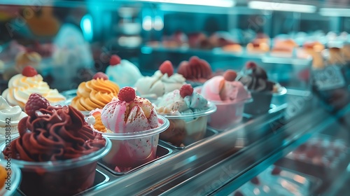 Ice cream in showcase fridge at the shop