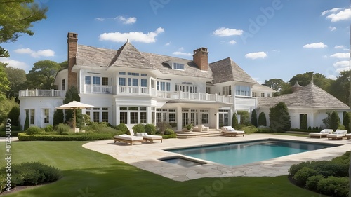 This property in the upscale Hamptons, New York, with a large garden, a private beach, and a Mediterranean style. photo