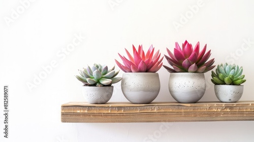 Modern painted geometric concrete planters with colourful succulent plants and cactus on wood shelf isolated on white background with copy space, top view, Cement pots, cubic shape
