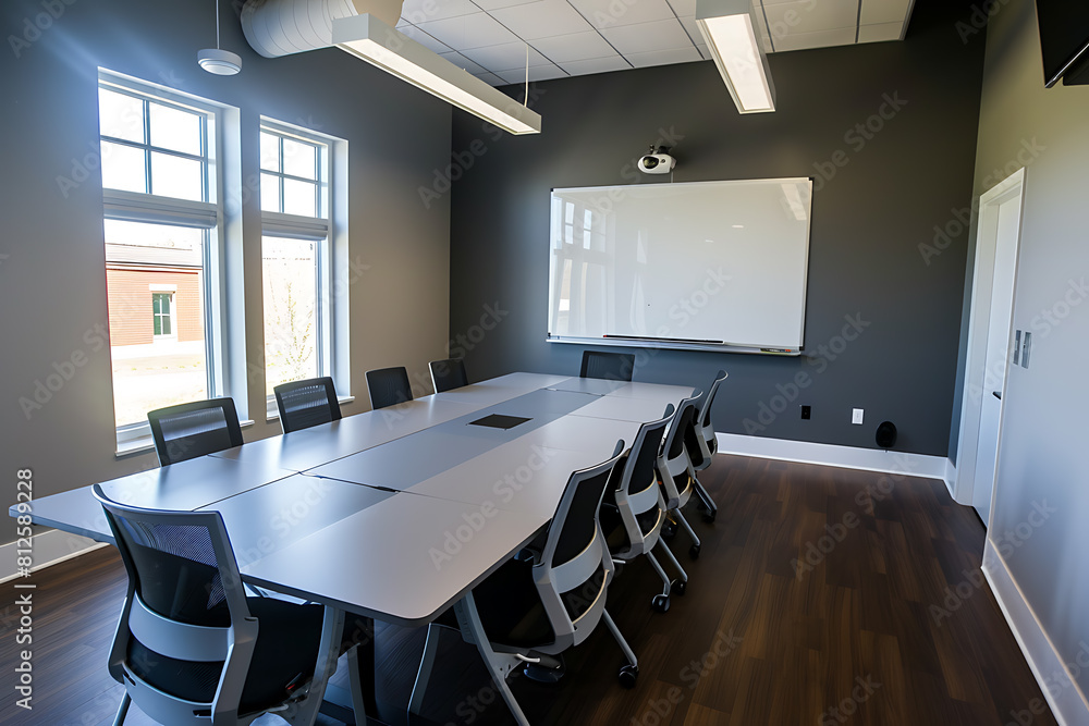 A modern meeting room with a whiteboard in the background, ideal for brainstorming and collaboration sessions
