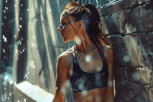 A woman in a sports bra standing in the rain. Perfect for fitness or weather-related designs