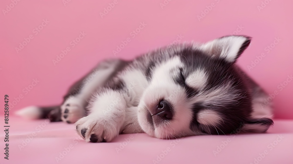 Fototapeta premium newborn siberian husky puppy pink background