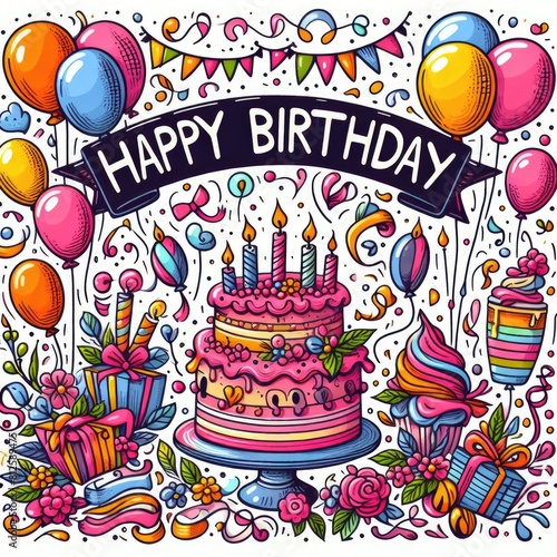 A colorful birthday card with a cake and balloons art harmony card design illustrator illustrator.