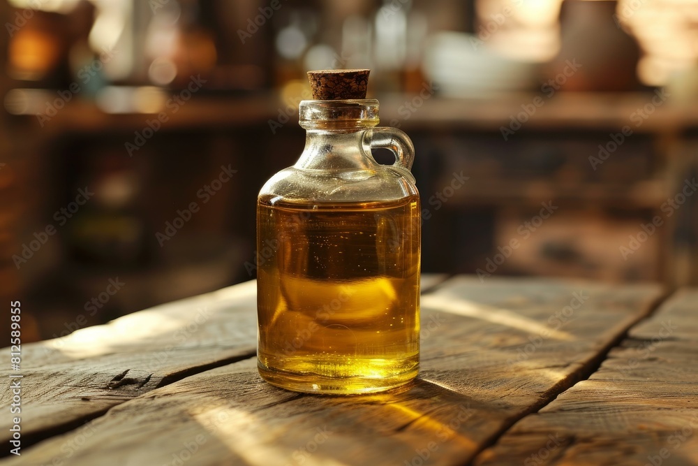 Clear glass bottle filled with golden oil, sealed with cork, on rustic wood backdrop with blurry background Clear glass bottle filled with golden oil, sealed with cork, on rustic wood backdrop with blurry background