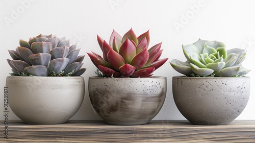 Modern painted geometric concrete planters with colourful succulent plants and cactus on wood shelf isolated on white background with copy space, top view, Cement pots, cubic shape