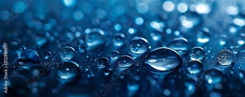 Water droplets shine on a deep blue backdrop, making a tranquil scene.