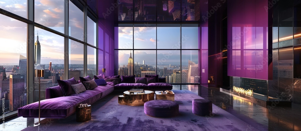 Luxurious Penthouse Lounge with Stunning City Skyline Views and Plush Velvet Furnishings in a