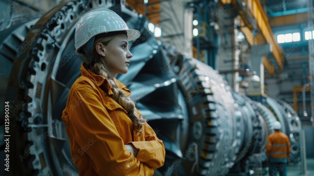A woman in a hard hat standing in front of a machine. Suitable for industrial and construction concepts