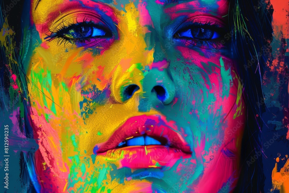 A digital painting showcasing a woman's face with explosive vibrant colors A digital painting showcasing a woman's face with explosive vibrant colors