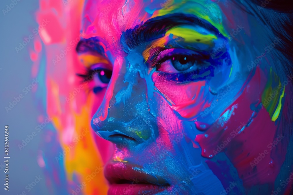 An artistic blend of fluid neon colors merging into each other on a dark background, suggesting movement
