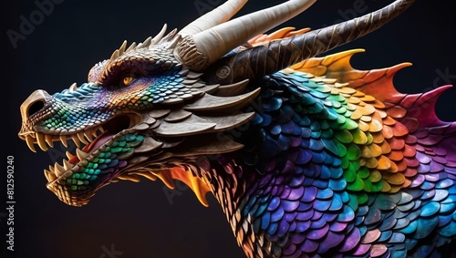 realistic digital glistening technicolour dragon with rainbow hues against a stark black background. illusion chinese dragon statue  photo