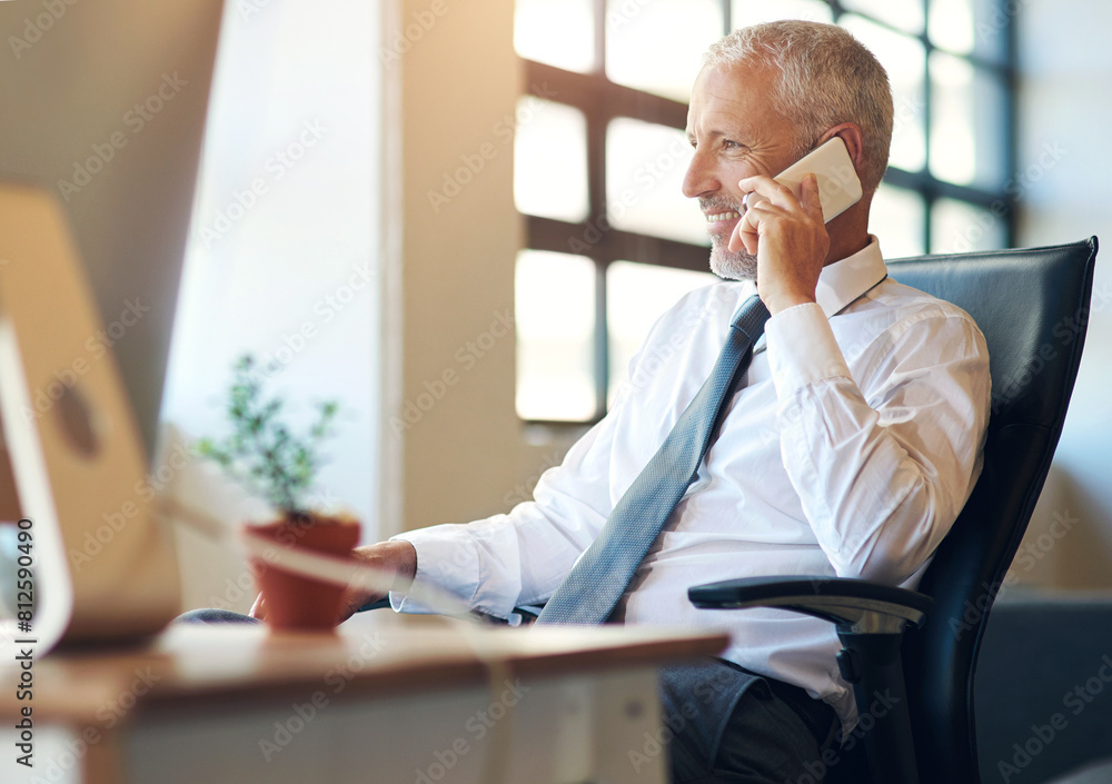 Fototapeta premium Mature businessman, CEO and happy with phone call in office with communication for financial deal and negotiation. Executive, employer or smartphone with networking, investor feedback or b2b planning