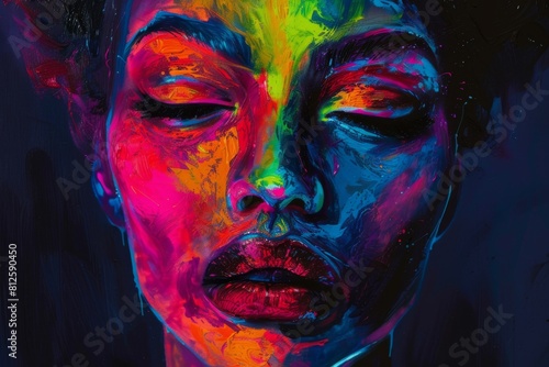 A brightly colored abstract portrait of a woman s face  capturing a dream-like essence
