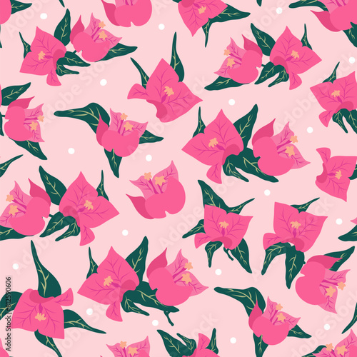 cute hand drawn beautiful abstract seamless vector pattern background illustration with pink bougainvillea and green leaves	