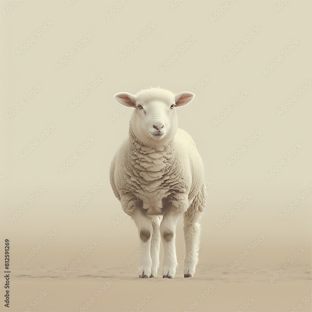 A white sheep, face only, chewing, looking at camera, light brown background A white sheep, face only, chewing, looking at camera, light brown background