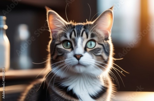 Portrait cat, close-up cat, green eyes cat, striped cat, fluffy cat, The cat is a doctor, a naughty pet, a cat with human features, a fluffy red cat, an unusual profession for a cat, a chemist cat photo