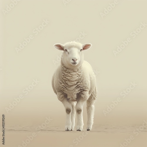 A white sheep  face only  chewing  looking at camera  light brown background