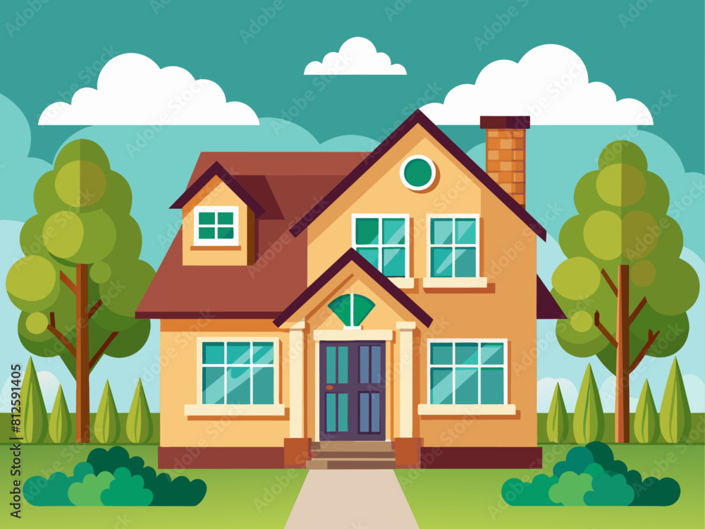 Suburban house cartoon vector illustration. Summer cottage, country house flat color object. Real estate facade, townhouse front view. Two story building, villa