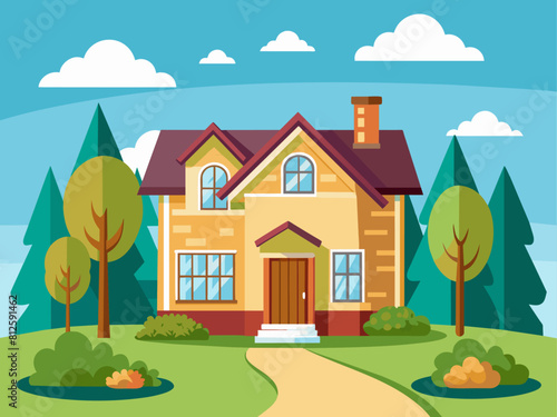 Suburban house cartoon vector illustration. Summer cottage, country house flat color object. Real estate facade, townhouse front view. Two story building, villa
