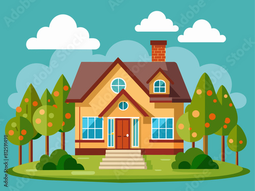 Suburban house cartoon vector illustration. Summer cottage, country house flat color object. Real estate facade, townhouse front view. Two story building, villa