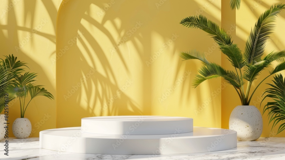 White Pedestal With Palm Trees in Front of Yellow Wall White Pedestal With Palm Trees in Front of Yellow Wall