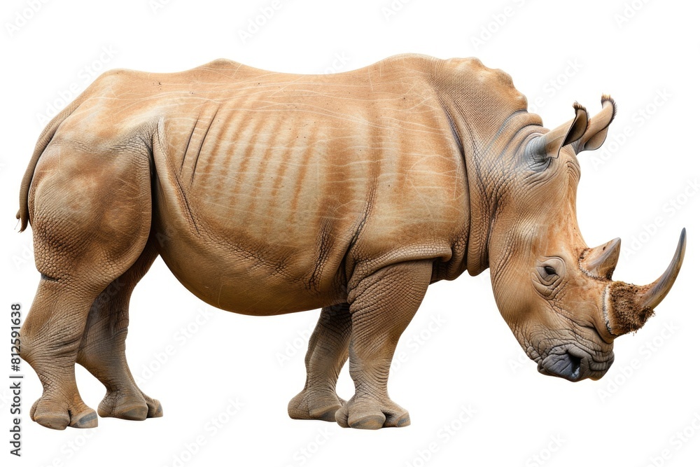 A powerful rhino standing on a plain white background. Perfect for nature and wildlife themes A powerful rhino standing on a plain white background. Perfect for nature and wildlife themes