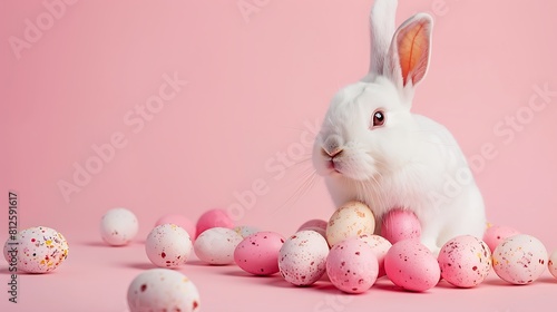 White rabbit watching over bunch of chocolate eggs on pink background easter holiday concept