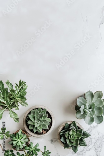 A top-down view of succulent plants in pots arranged on a marble textured background