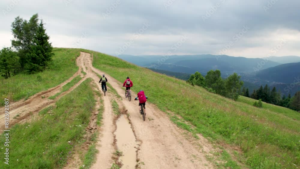 Three cyclists men riding electric bikes outdoors. Back view of male tourists biking in the mountains, wearing helmets and backpacks. Concept of sport, active leisure and nature. Three cyclists men riding electric bikes outdoors. Back view of male tourists biking in the mountains, wearing helmets and backpacks. Concept of sport, active leisure and nature.