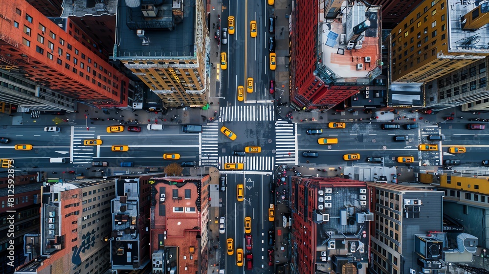 Craft a striking aerial view of a bustling city street