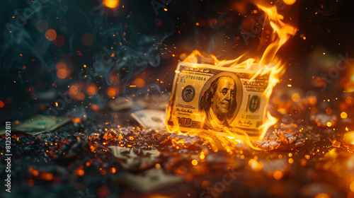 Close up of dollar bills burning in flames, shallow depth of field, high contrast photo