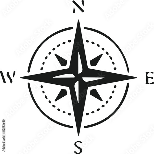 Compass icon. Monochrome navigational compass with cardinal directions of North, East, South, West. Geographical position, cartography and navigation. Vector photo