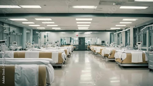 Interior of hospital hall with Paitent beds  photo