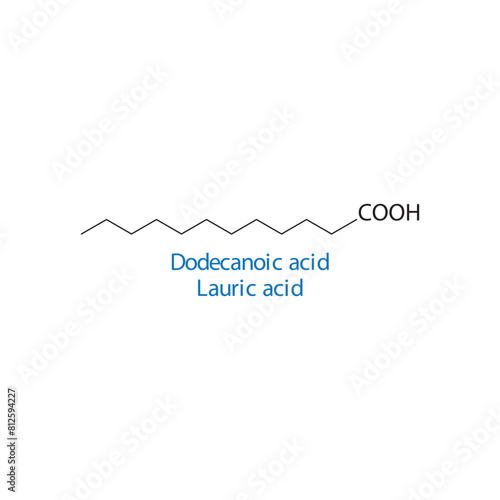 Dodecanoic acid, Lauric acid molecule skeletal structure diagram.fatty acid compound molecule scientific illustration on white background.
