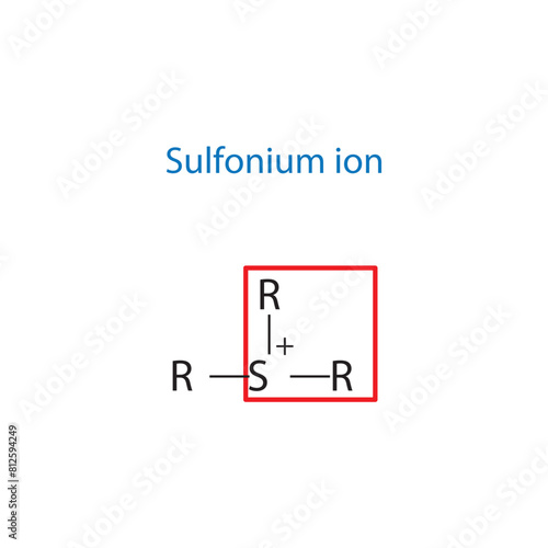 Sulfonium ion molecule skeletal structure diagram.functional group compound molecule scientific illustration on white background.