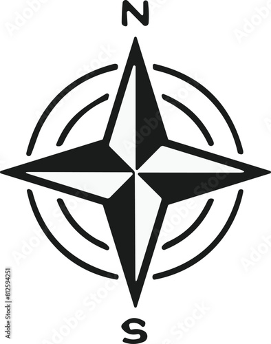 Compass icon. Monochrome navigational compass with cardinal directions of North, East, South, West. Geographical position, cartography and navigation. Vector